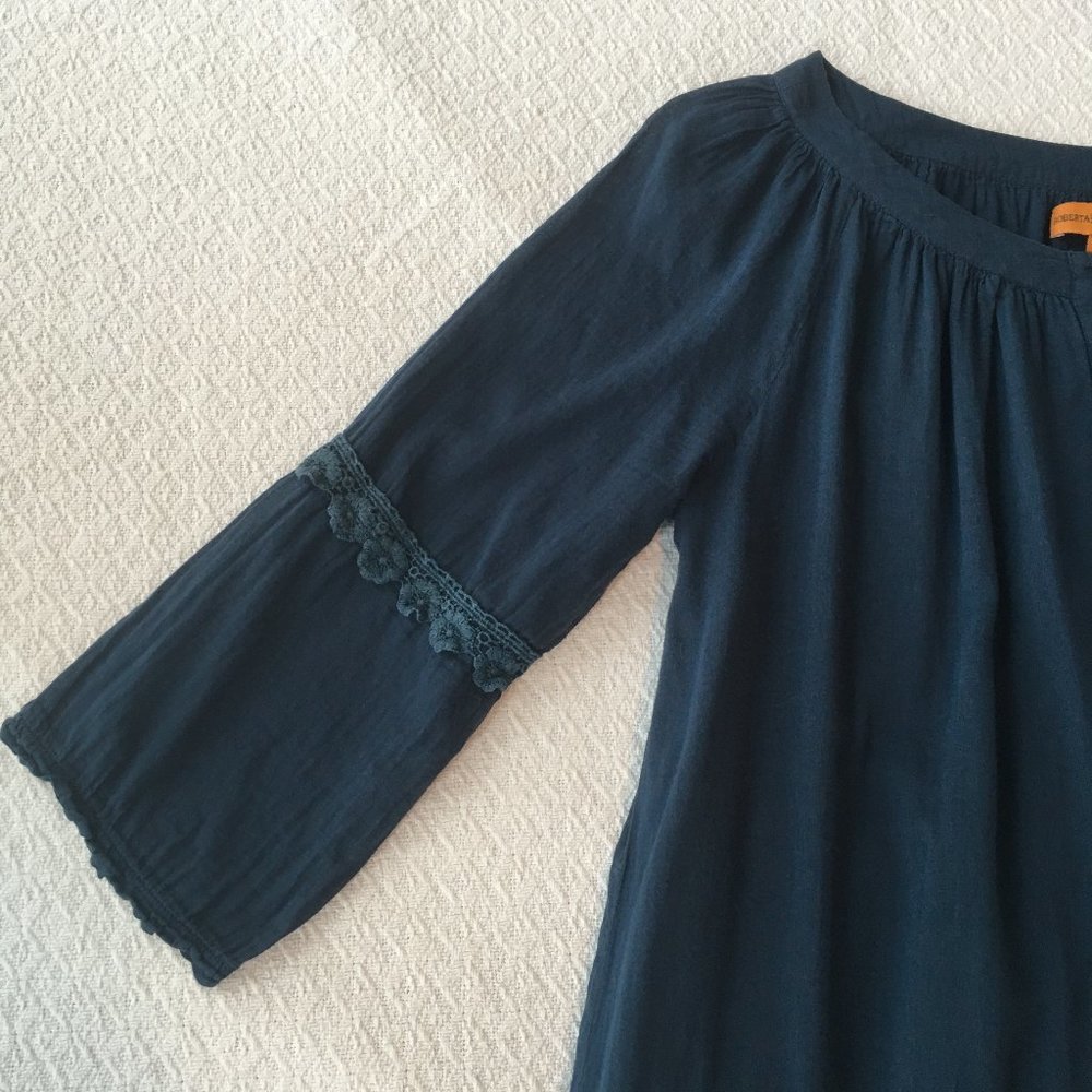 Boho Peasant Blouse: Navy, Lace Detail 3/4 Sleeve